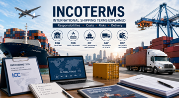 Trasporto merci internazionale con container, camion, navi e professionisti della logistica che spiegano gli Incoterms per il commercio globale